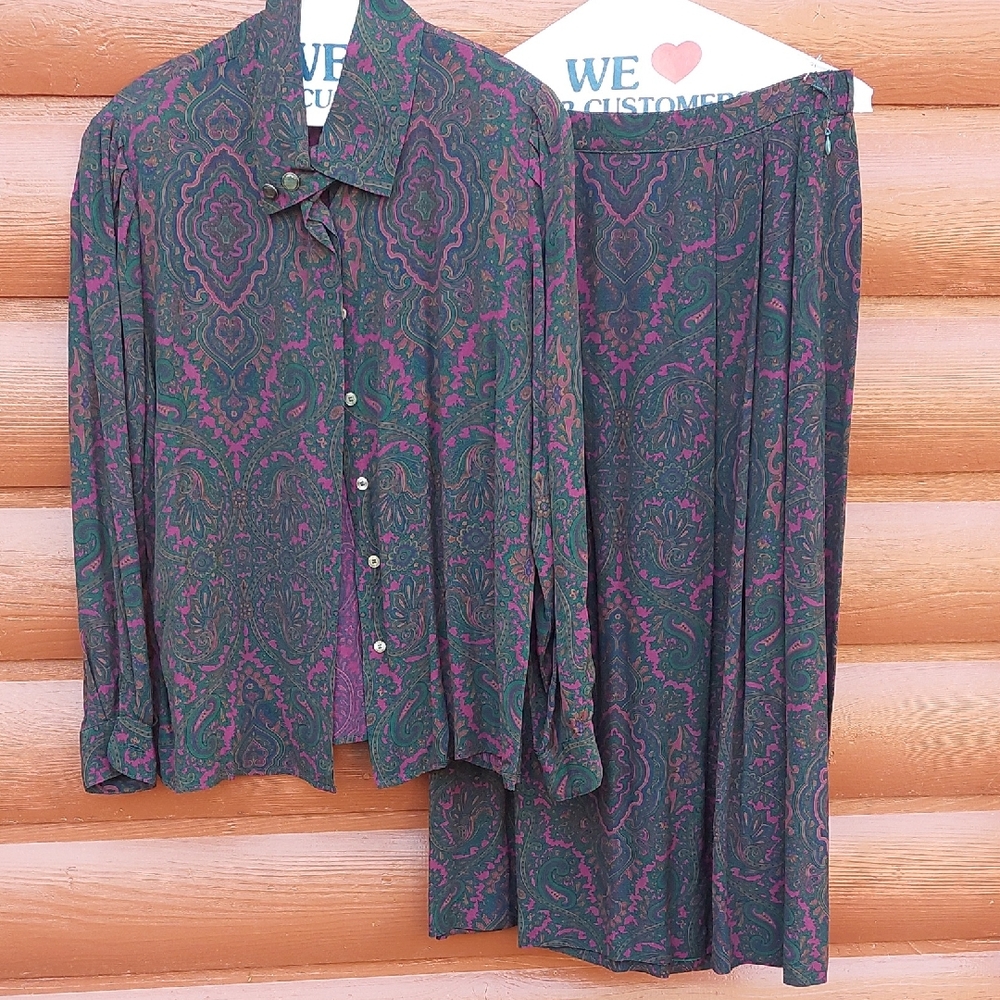 David Brooks Paisley Maxi Skirt Set in Green and Purple 6P jewel tones